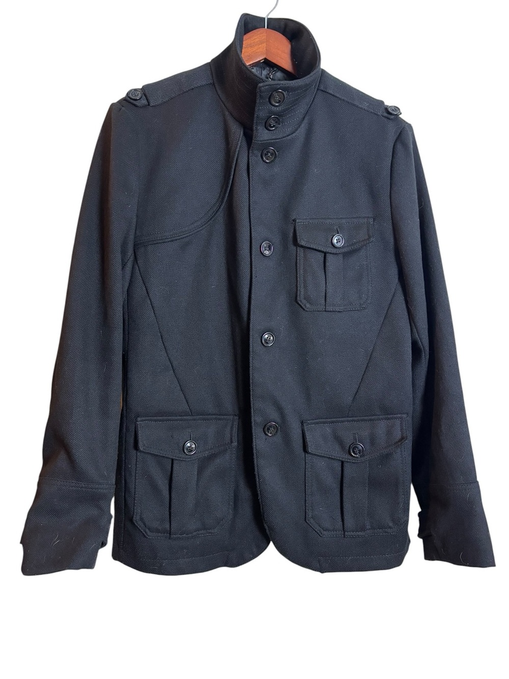 H&M Military Style Field Jacket Black Size 40R Wool Cotton Poly Front Pockets